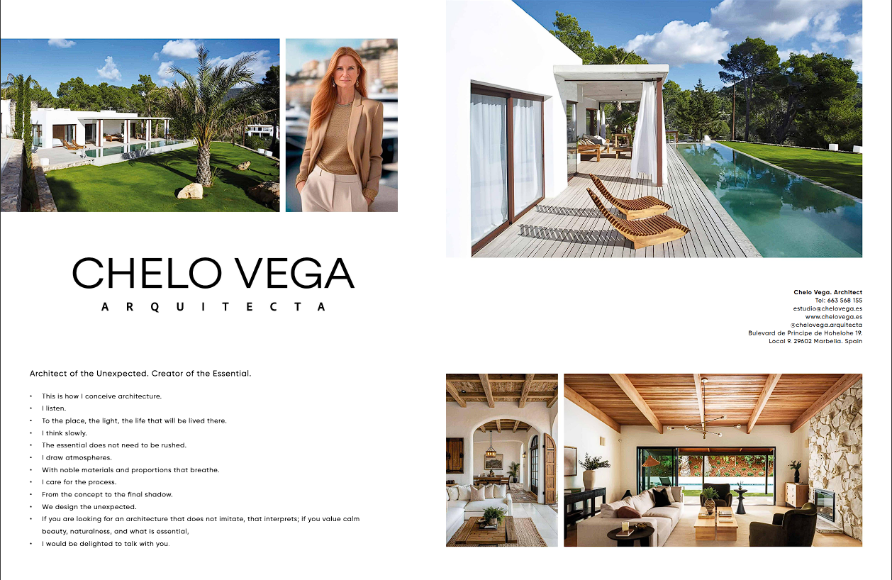 Una de las páginas de la revista Edificium Selected de Agosto de 2025 en la cual se habla del estudio de arquitectura Chelo Vega